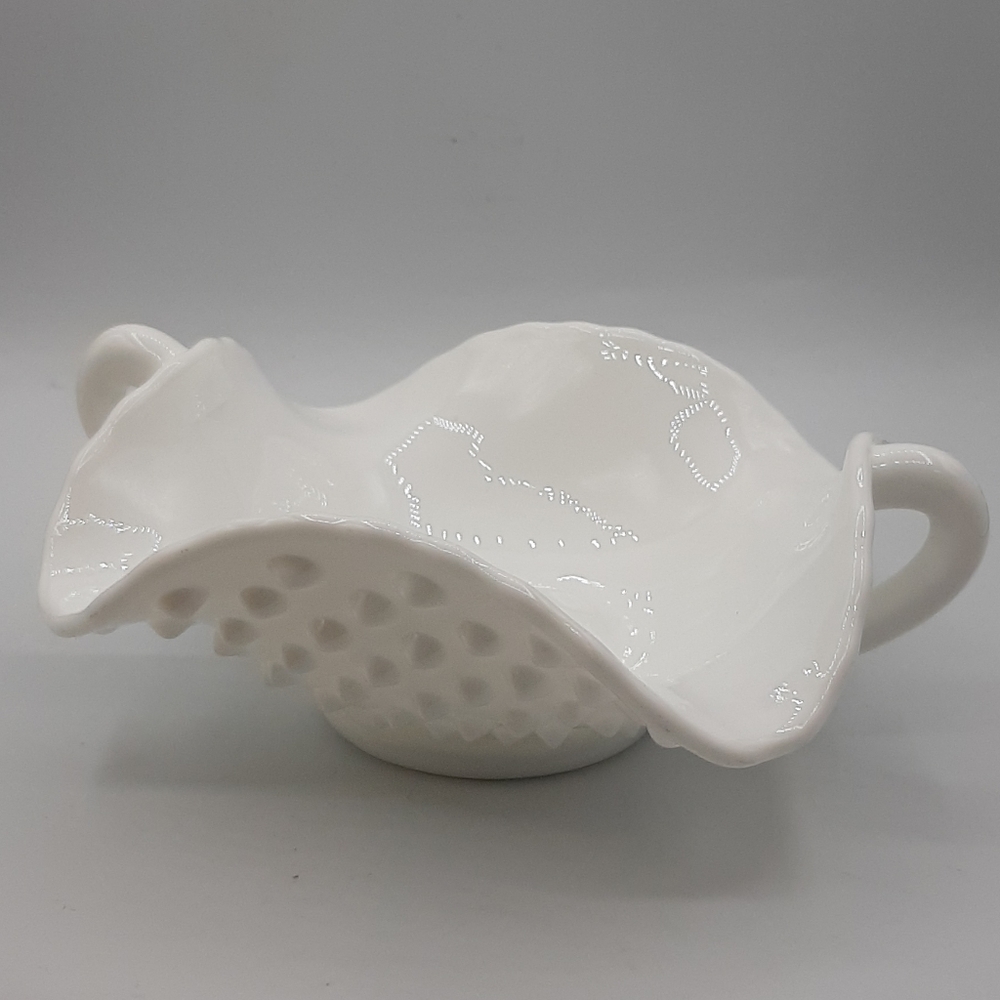 Vintage Fenton White Milk Glass Hobnail Double Handled Ruffled Candy Nut Dish